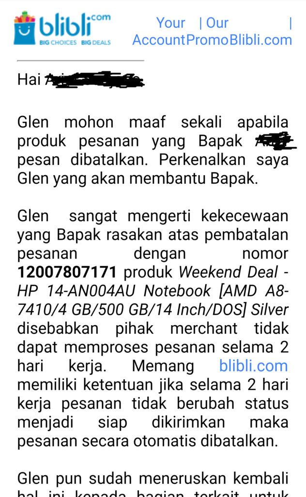 Pertama kali dikecewakan oleh Blibli