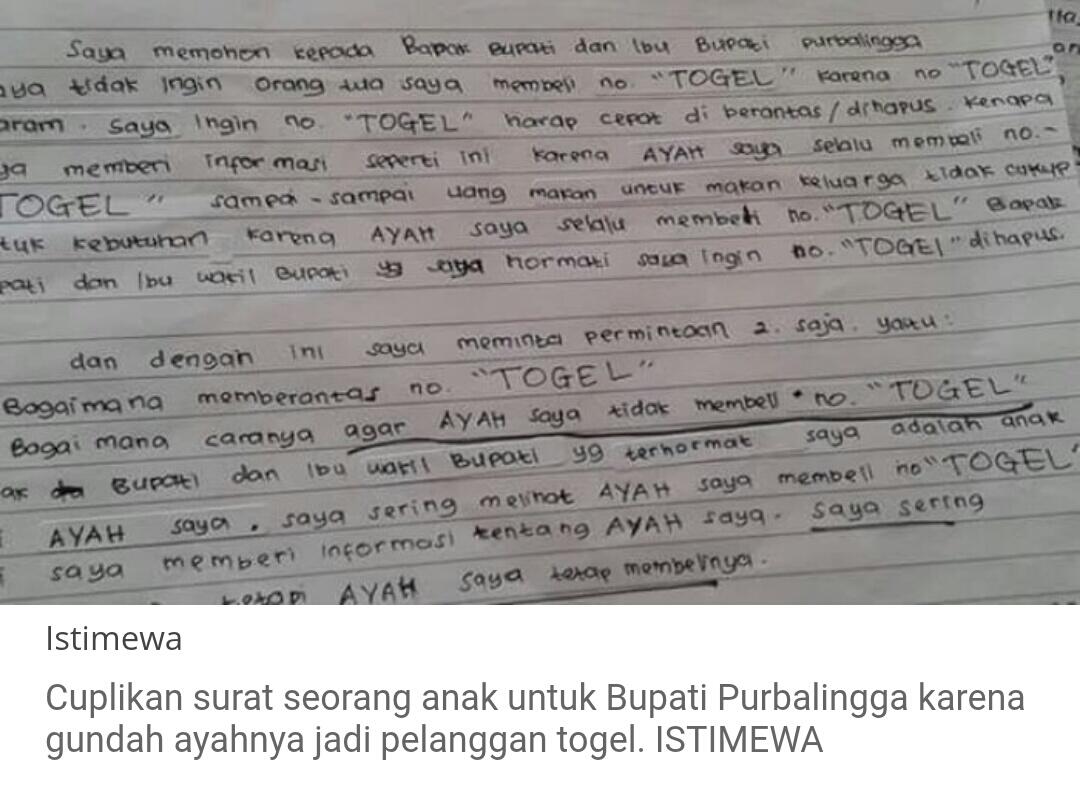 Menyentuh, Surat Bocah Tak Bisa Makan Lantaran Bapaknya Suka Pasang Togel