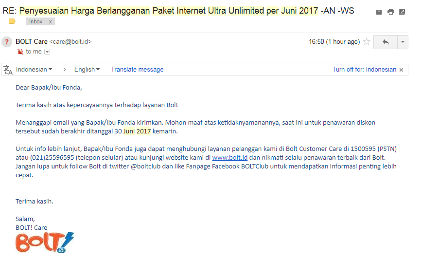 Respon Lambat- Penyesuaian Harga Paket Internet Ultra Unlimited/Juni 2017 Bolt ID