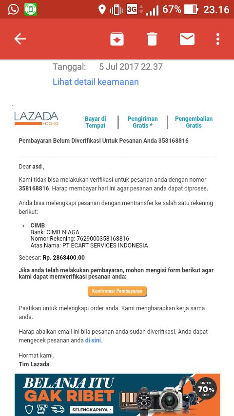 LAZADA HARAP HENTIKAN NOTIFIKASI ORDER EXPIRED KE EMAIL SAYA KARENA SANGAT MENGGANGGU