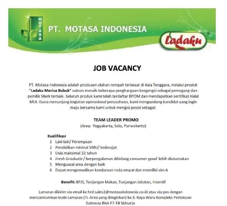 LOWONGAN KERJA PT.MOTASA INDONESIA (LADAKU merica bubuk)
