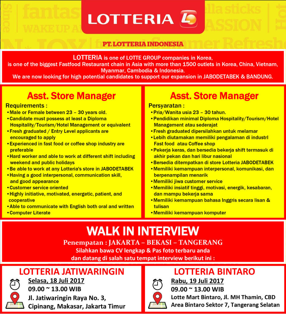 JAKARTA-TANGERANG : Ast. Store Manager &#91;PT. Lotteria Indonesia&#93;