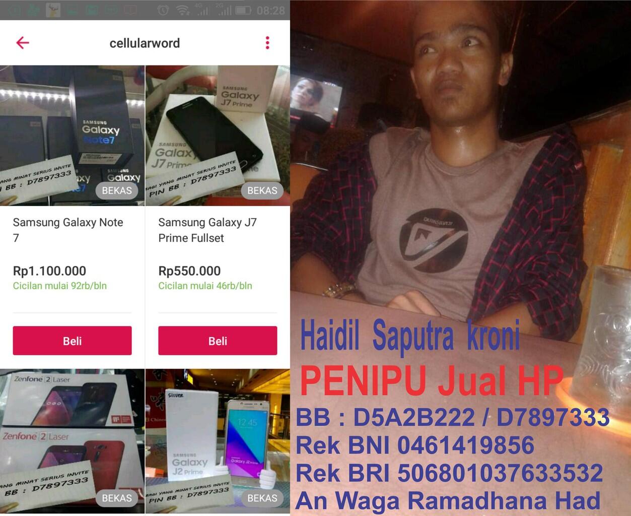 Haidil Saputra Penipu online jual hp di Bukalapak melalui pin BB