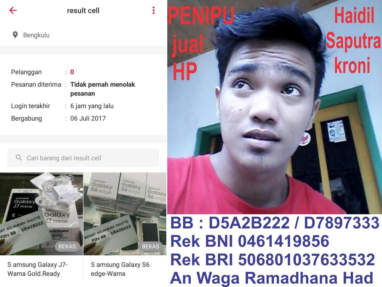 Haidil Saputra Penipu online jual hp di Bukalapak melalui pin BB