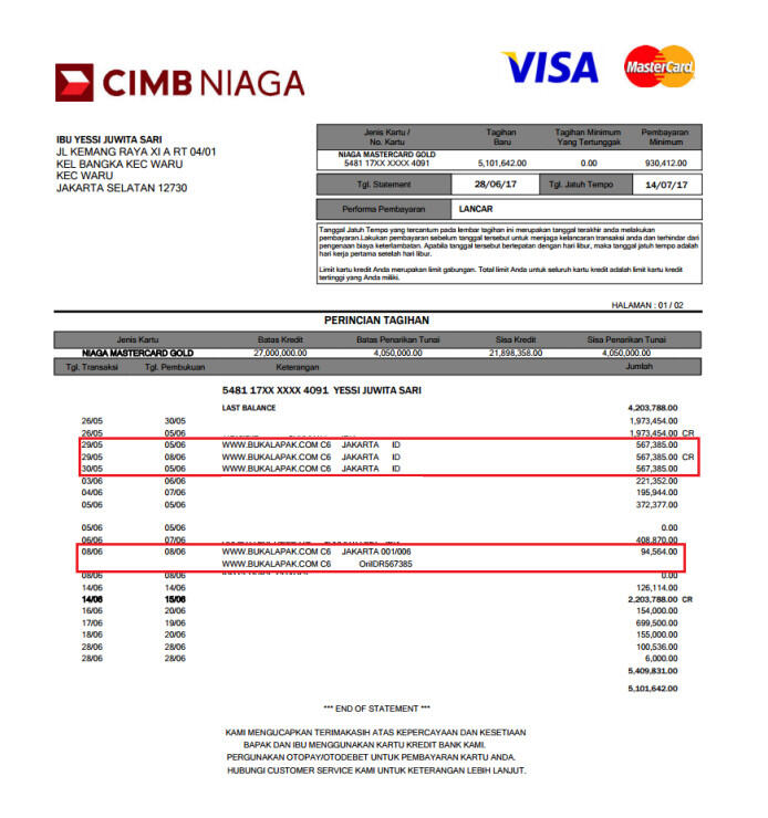 Pengaduan terhadap BUKALAPAK atas transaksi yang dibatalkan tapi ada di CC