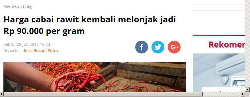 Harga cabai rawit kembali melonjak jadi Rp 90.000 per gram