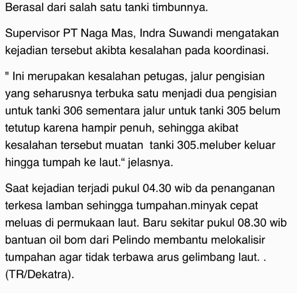  Puluhan Ton Minyak PT Naga Mas Tumpah, Laut Dumai Tercemar