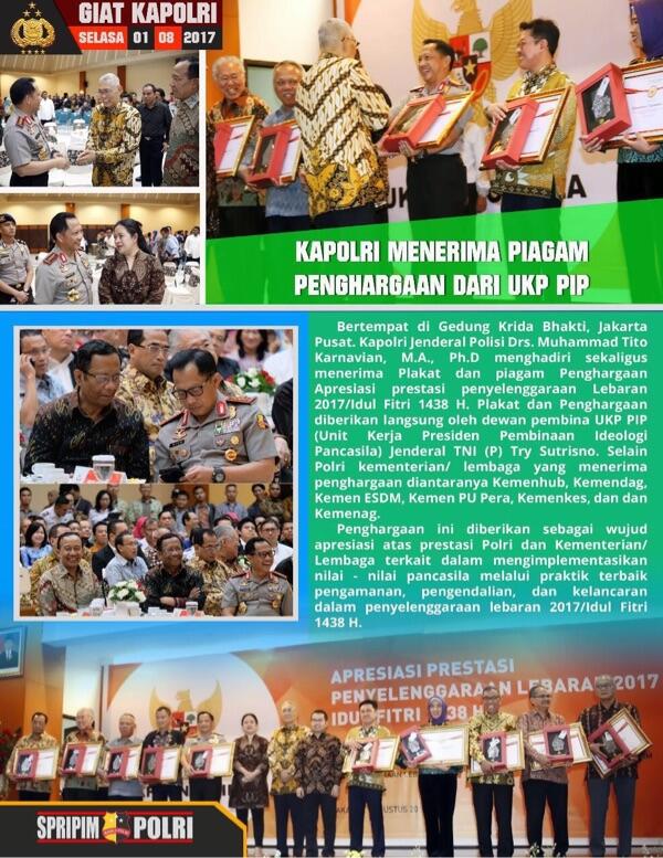 Jenderal H.M.Tito Karnavian Menerima Penghargaan Keberhasilan PAM Lebaran 2017