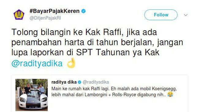 Ngetweet Soal Mobil Mewah Raffi Ahmad, Pajak: Hanya Mengingatkan