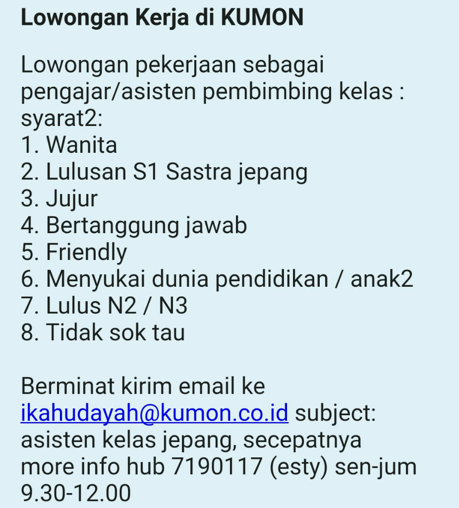 Lowongan Kerja Kumon Bali Lokercumacuma