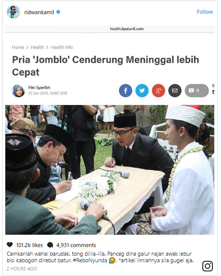 Ridwan Kamil Soal Jomblo : Camkan Wahai Barudak, Tong Dilila-Lila