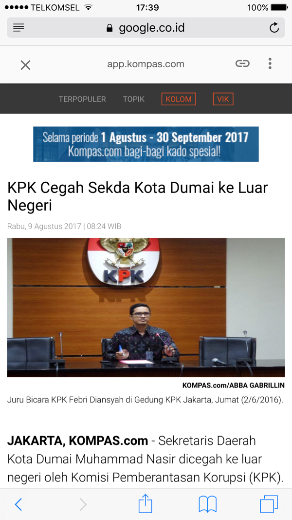 KPK Cegah Sekda Kota Dumai ke Luar Negeri