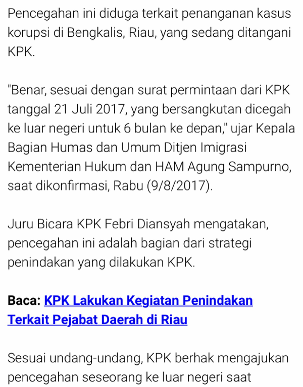 KPK Cegah Sekda Kota Dumai ke Luar Negeri