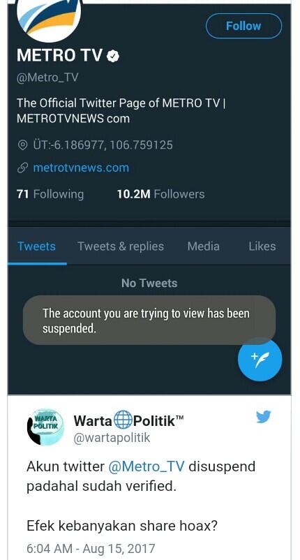 Twitter Metro TV Ditangguhkan, Akibat Banyak Laporan Misi hancurkan Islam dan Hoax?