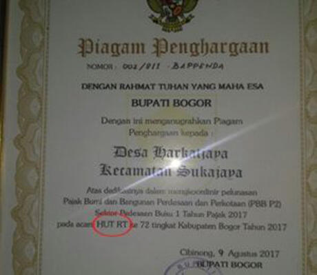 Aduh Salah Ketik, Piagam Penghargaan HUT RI jadi HUT RT