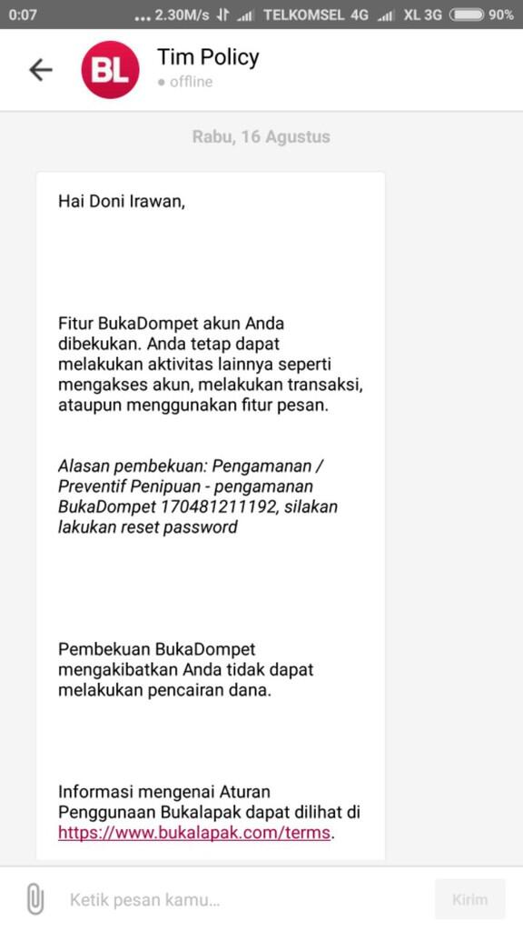 Saldo bukalapak saya dibekukan