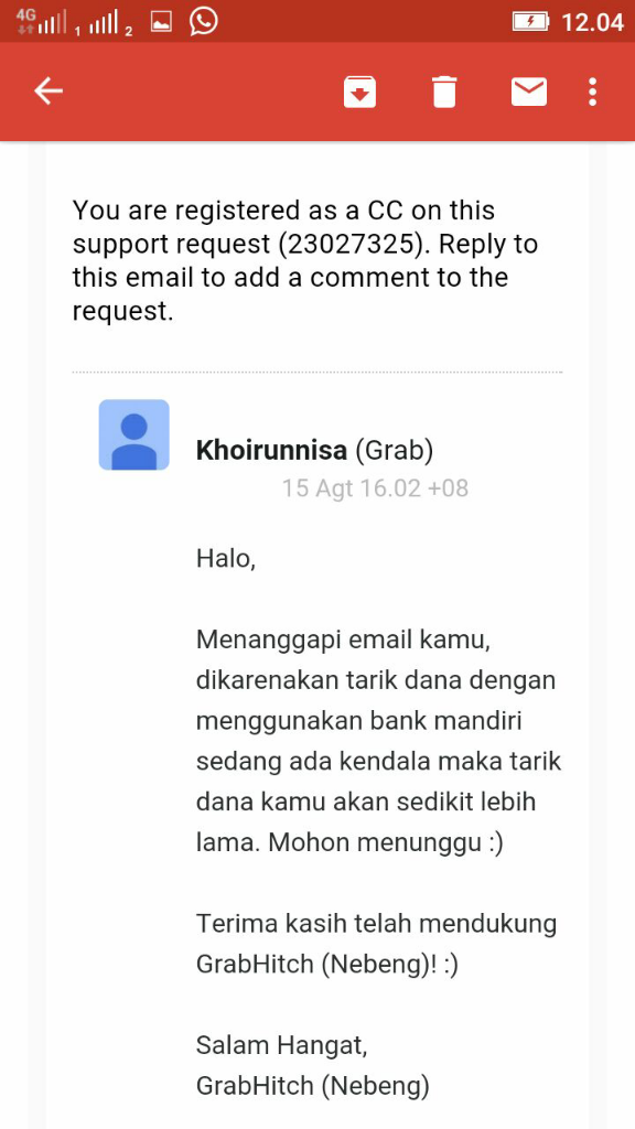 *grabhitch, Penarikan Saldo Dompet Tak Kunjung Di Transfer*