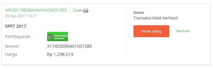 BAYAR PBB vua TOKOPEDIA, UDA DILUNASI TP TRANSAKSI GAGAL DAN DANA GA DIBALIKIN