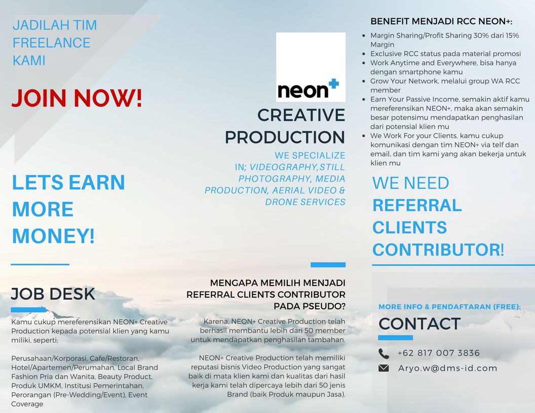 **DIbutuhkan banyak Freelancer Marketing untuk NEON+ Production! Monggo masuk
