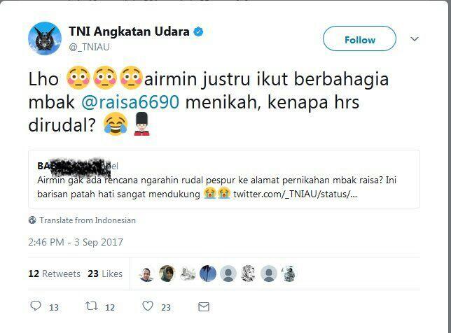 Patah hati minta kirim rudal ke pernikahan Raisa, ini jawaban kocak TNI AU