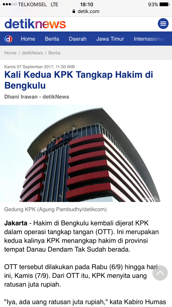 Kali Kedua KPK Tangkap Hakim di Bengkulu