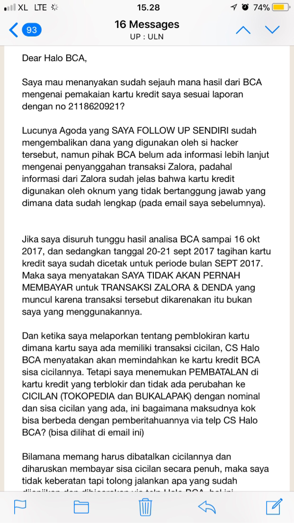 BCA lambat dalam menangani masalah pencurian Identitas Kartu kredit 