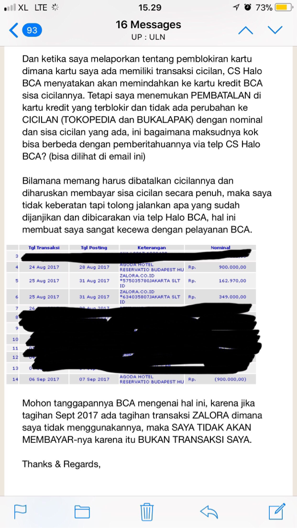 BCA lambat dalam menangani masalah pencurian Identitas Kartu kredit 