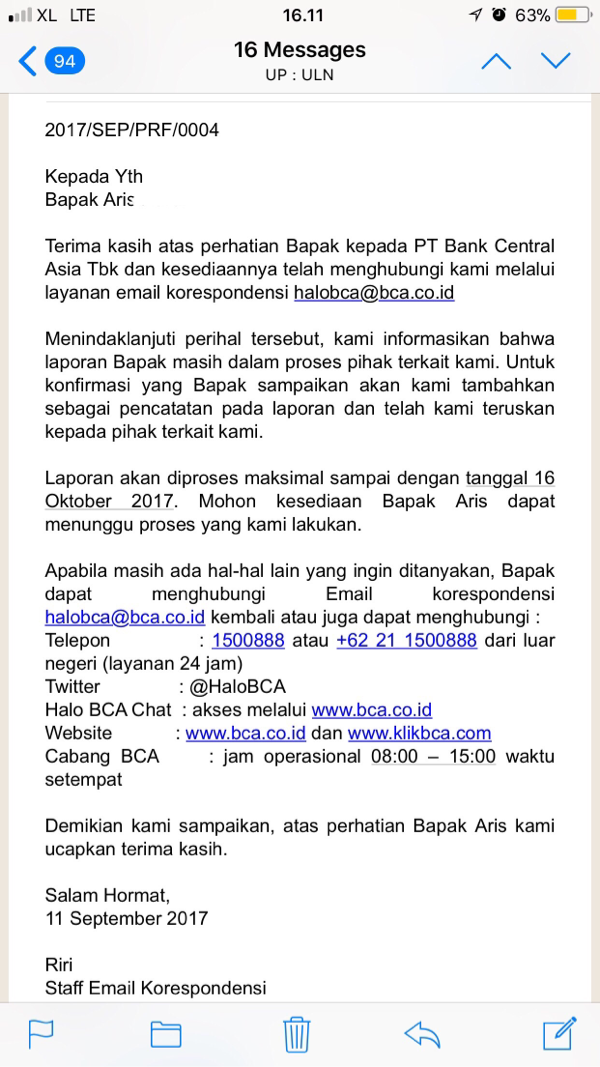 BCA lambat dalam menangani masalah pencurian Identitas Kartu kredit 