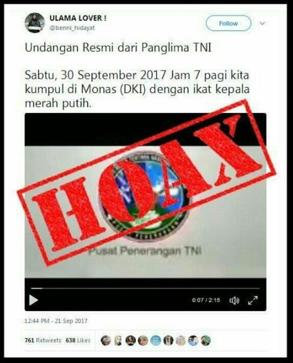 Kapuspen TNI : Undangan Panglima TNI ke Monas di Akun Twitter Ulama Lover HOAX