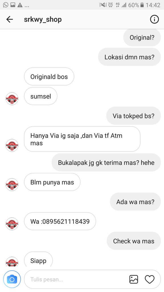 HATI - HATI PENIPUAN INSTAGRAM DENGAN AKUN @srkwy_shop no HP 0895621118439 