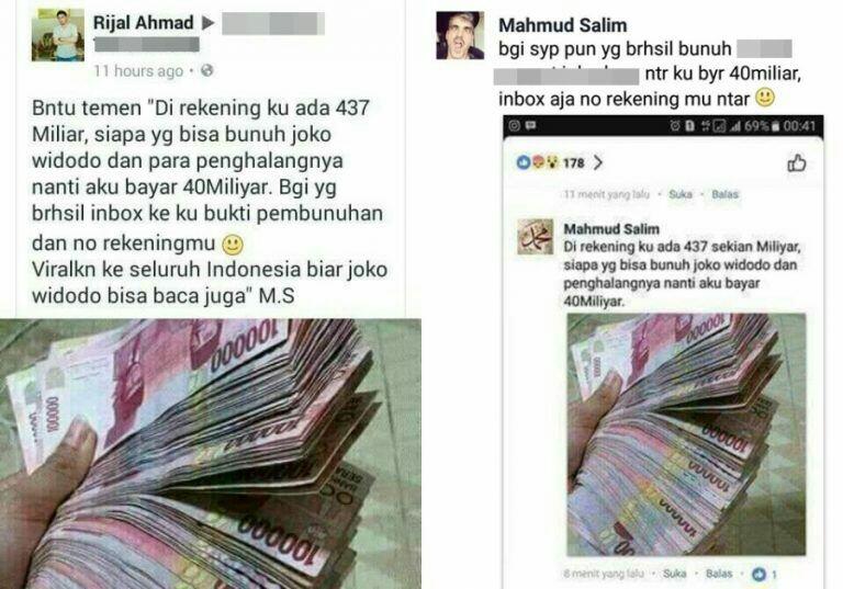 Postingan akun Rijal Ahmad Sediakan Uang 40 Miliar Bagi yang Bisa Habisi Presiden