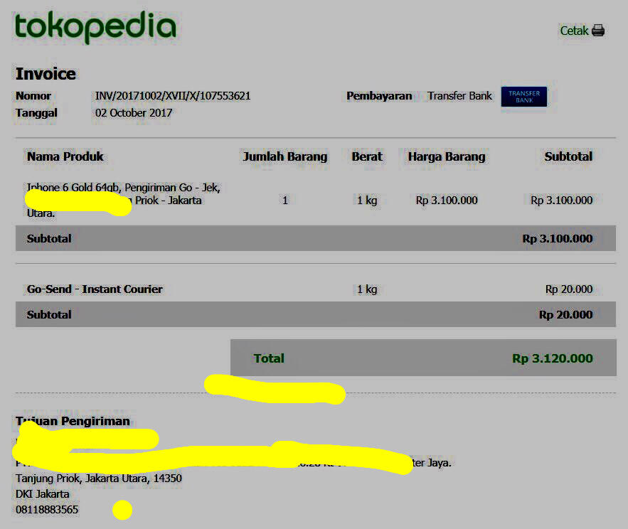 Penipuan pakai rekening tokopedia