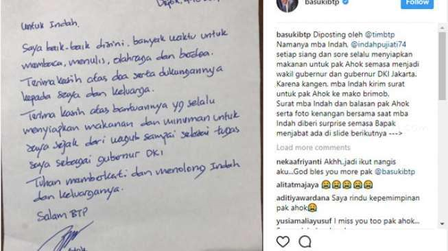 Ini Surat Ahok ke Pegawai yang Dulu Selalu Siapkan Makannya