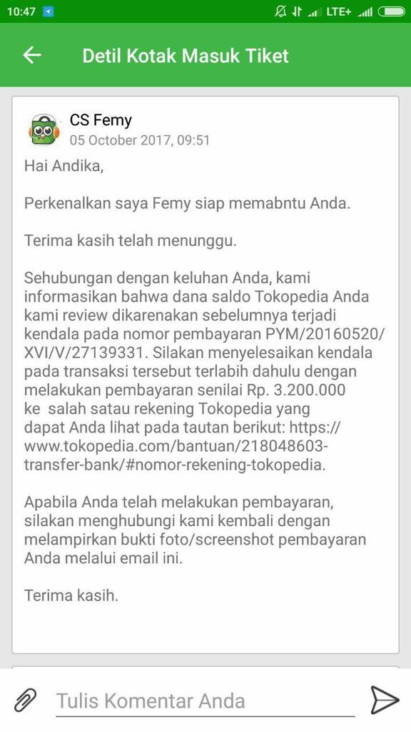 Penagihan atas transaksi yang tidak pernah ane lakukan di Tokopedia