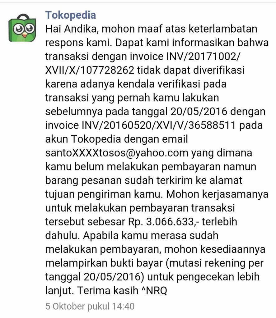 Penagihan atas transaksi yang tidak pernah ane lakukan di Tokopedia