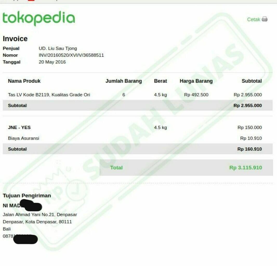 Penagihan atas transaksi yang tidak pernah ane lakukan di Tokopedia