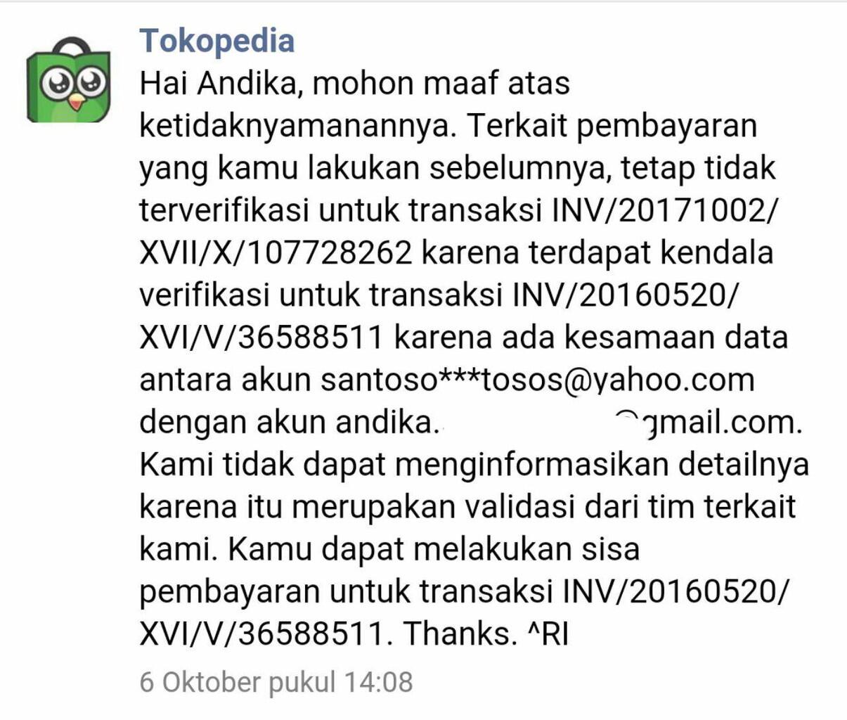 Penagihan atas transaksi yang tidak pernah ane lakukan di Tokopedia