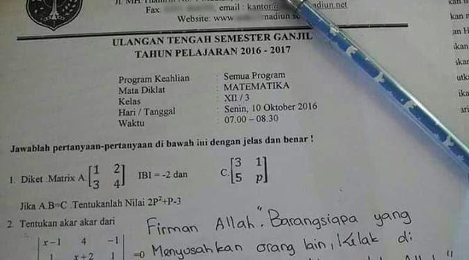 Frustrasi Kerjakan Soal Ujian, Siswa Jawab Pakai Dalil