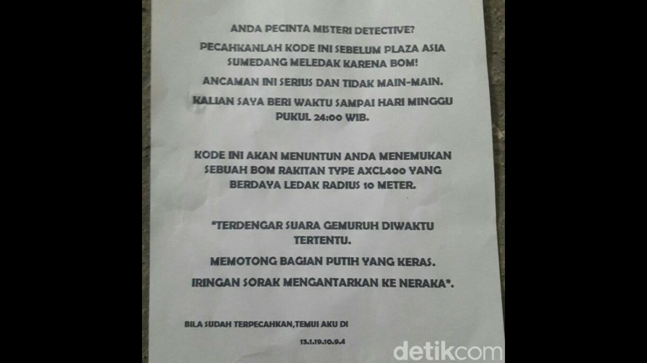 Ini Isi Surat Ancaman Bom Berkode di Mal Sumedang
