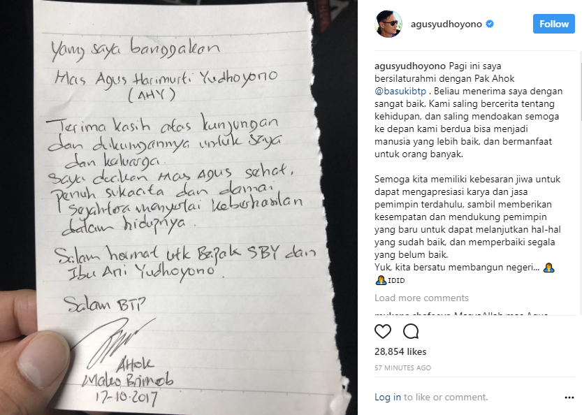 Agus Yudhoyono Jenguk Ahok di Rutan Brimob, Saling Bercerita