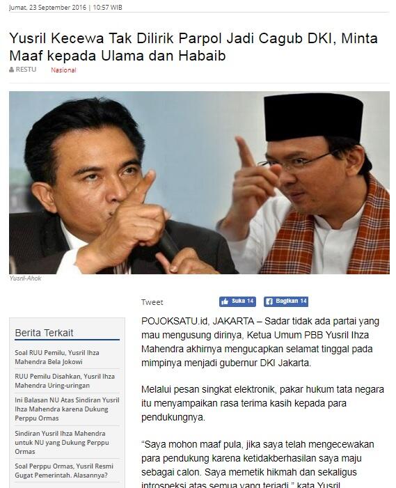 Yusril Mengaku Tak Maju di Pilgub DKI karena Beri Kesempatan kepada Anies-Sandi
