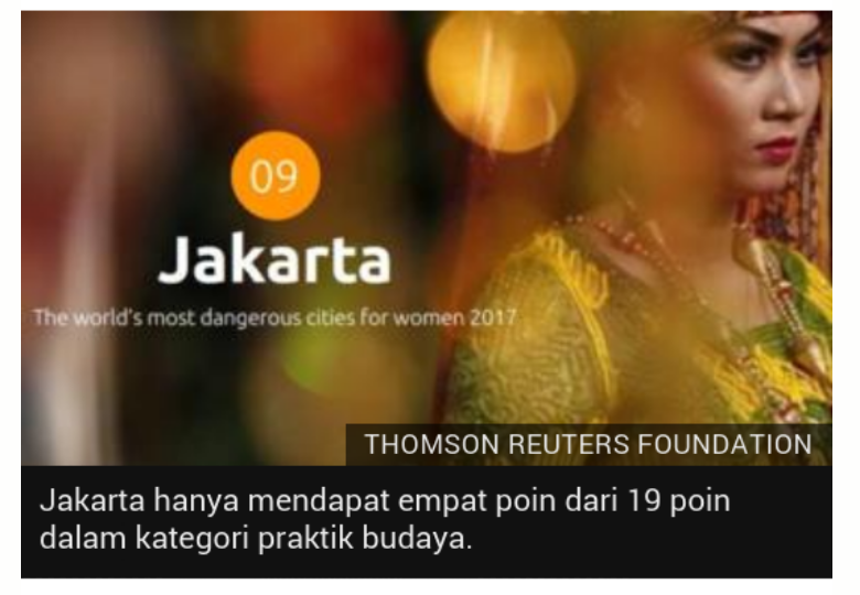 Jakarta Masuk 10 Kota Besar Paling Berbahaya di Dunia Untuk Perempuan