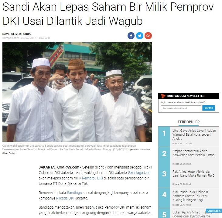 Sandiaga soal Janji Kampanye Lepas Saham Perusahaan Bir : Ini Sangat Sensitif