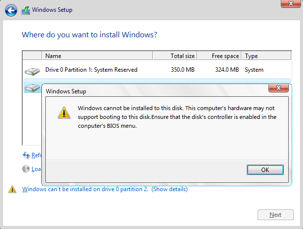 WINDOWS CANNOT BE INSTALLED TO THIS DISK. THIS COMPUTER'S HARDWARE