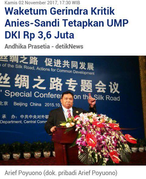 Waketum Gerindra Kritik Anies-Sandi Tetapkan UMP DKI Rp 3,6 Juta