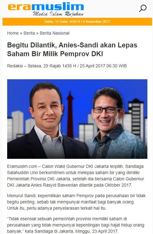 Soal Saham Pemprov DKI di Perusahaan Bir, Ini Penjelasan Sandi
