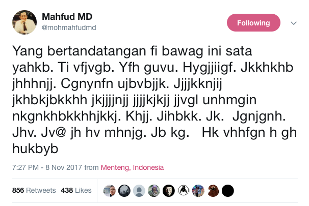 Ini Alasan Mahfud MD Ngetweet “Yfh guvu. Hygjjiigf. Jkkhkhb”