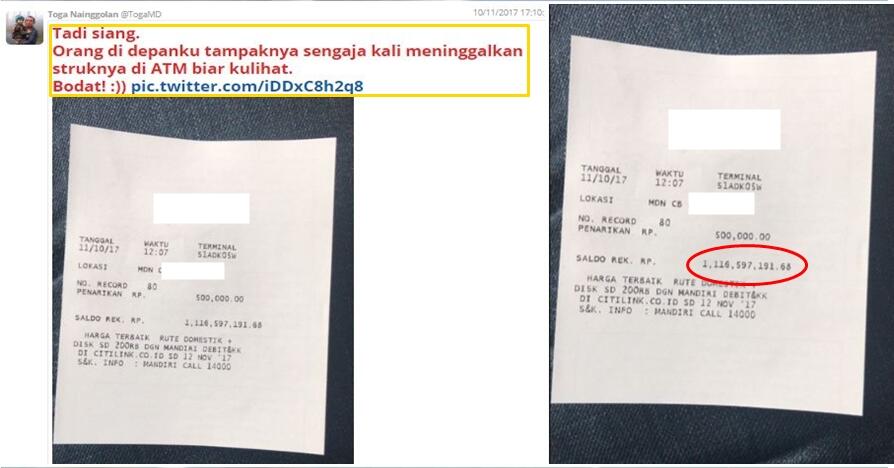 Sadis, struk ATM sisa saldo 1 miliar ini bikin warganet berandai-andai
