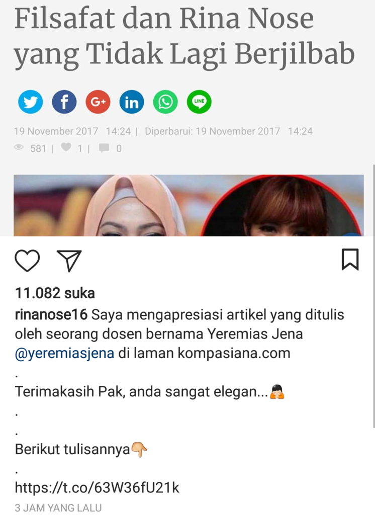 Filsafat dan Rina Nose yang Tidak Lagi Berjilbab