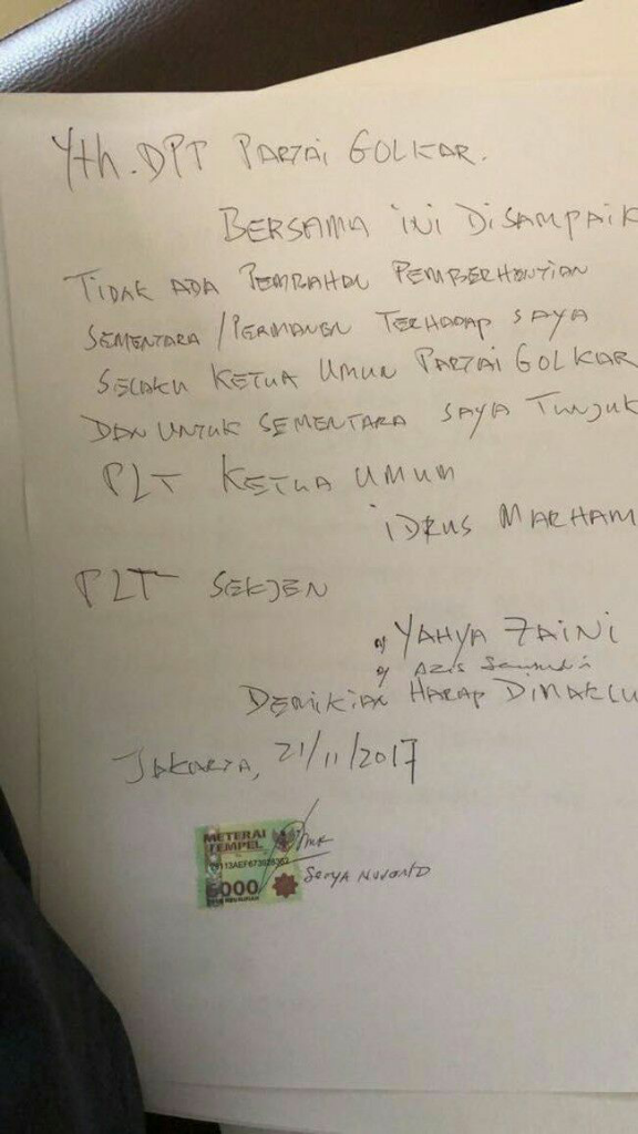 Ini Tulisan Tangan Novanto Tolak Dicopot dari Ketua DPR-Ketum Golkar